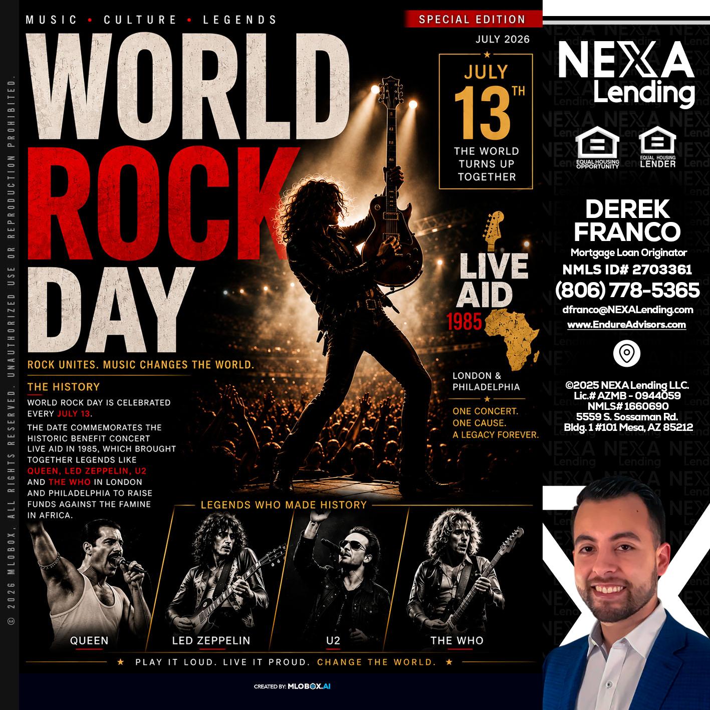 WORLD ROCK MUSIC DAY - Derek Franco -Mortgage Loan Originator